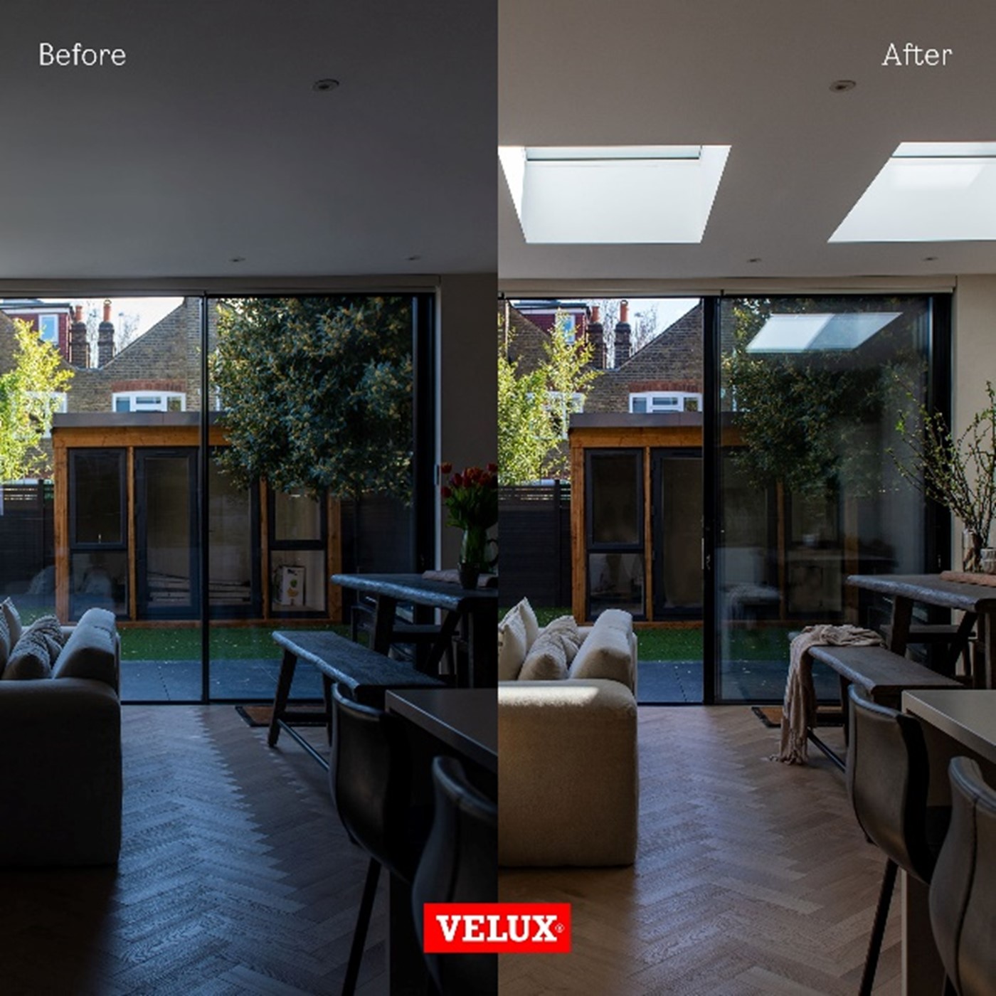 photo qui montre la différence de luminosité grâce a des puits de lumière, fenêtre de toit ou coupole